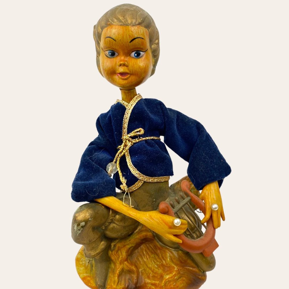 Creepy nymph pixie elf with harp 1950s 1960s wood sprite mythology spirit vessel